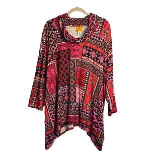 NWT Ruby Rd. Women's 2X Cowl Neck Tunic Top 3/4 Sleeve Geometric Stretchy